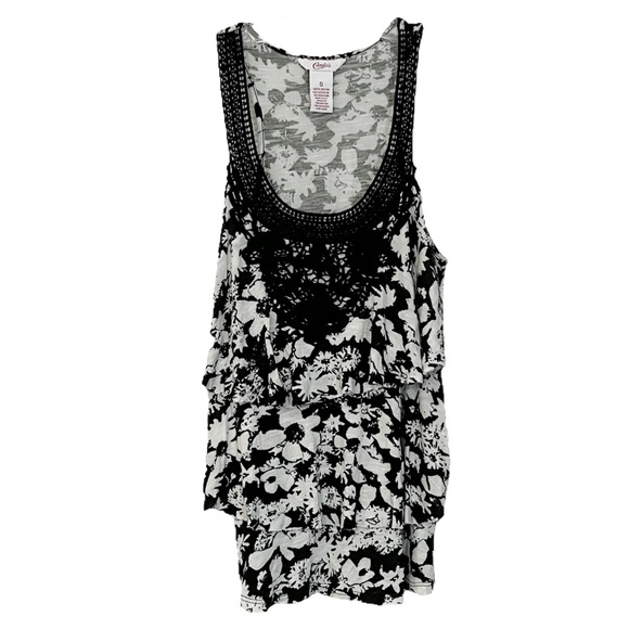 Candie’s Black and White Floral Tiered Ruffle Scoop Neck Tank Top - Picture 1 of 5